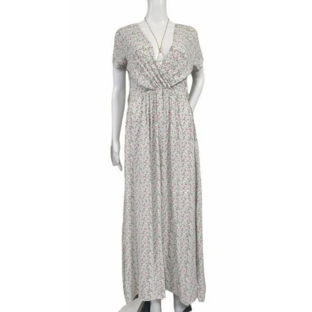 Made In Italy Short Sleeve Floral Print V Neck Maxi Dress White Pink Women's L - Picture 2 of 13
